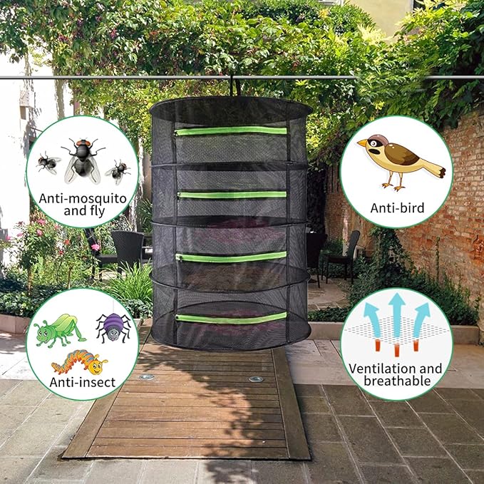 Drying Rack Net Dryer 4 Layer 2ft Black W/Green Zippers Hydroponics Drying Rack Herbs for Plant Bud Seed,Plant Racks for Weed,Mesh Hanging Plant Dry,Herb Dry,for Garden Outdoor Bud Tea - Bloomnest