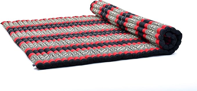 Leewadee - Foldable Floor Mattress - Japanese Roll Up Futon -Trifold Tatami Mat- Guest Floor Bed - Camping Mattress - Thai Massage Mat, Kapok Filled, 75 x 57 inches, Black Red - Bloomnest