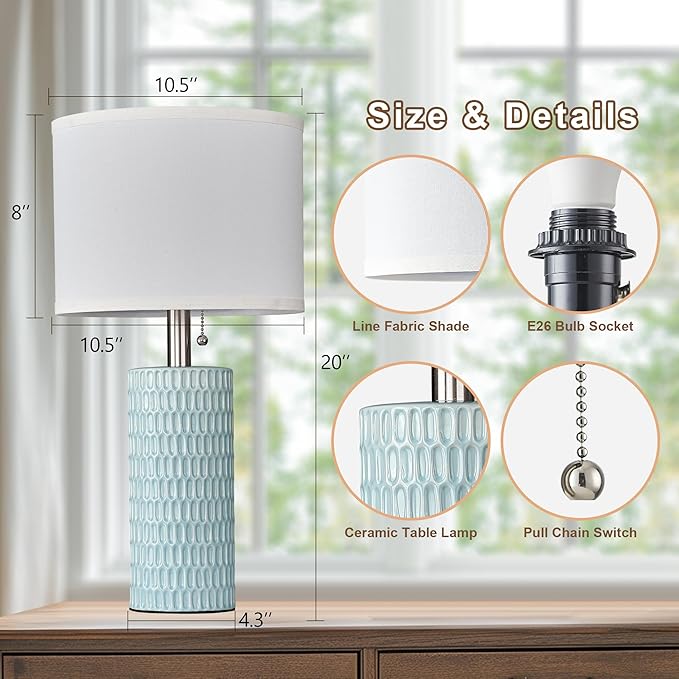 Table Lamps for Living Room Set of 2, Ceramic Table Lamps for Bedroom, 20" Modern Lamps for Night Stands, Blue - Bloomnest