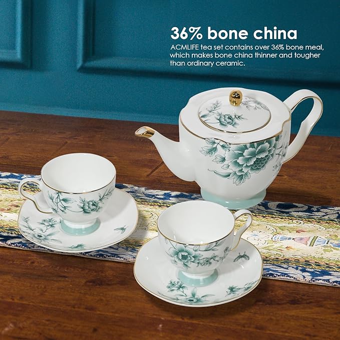 ACMLIFE Bone China Tea Cups and Saucers for 1, 6.8 oz Teacup Set for Adults, with Gold Trim and Gift Box, Blue and White Chinese English British Wedding Tea Set for One Coffee Cup Set (Blue-Leaf) - Bloomnest