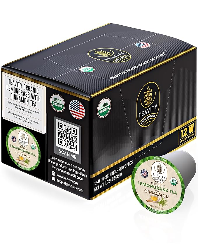 Teavity Organic Lemongrass and Cinnamon Tea Pods for Keurig - Naturally Decaffeinated Herbal Tea Blend (12 Pods) - Bloomnest