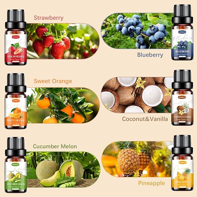 Fruity Essential Oils Set - Fruity Scents Fragrance Oil Aromatherapy Essential Oils Kit for Diffuser, Candle Making (6x10ML) Strawberry, Coconut Scented Oil - Bloomnest