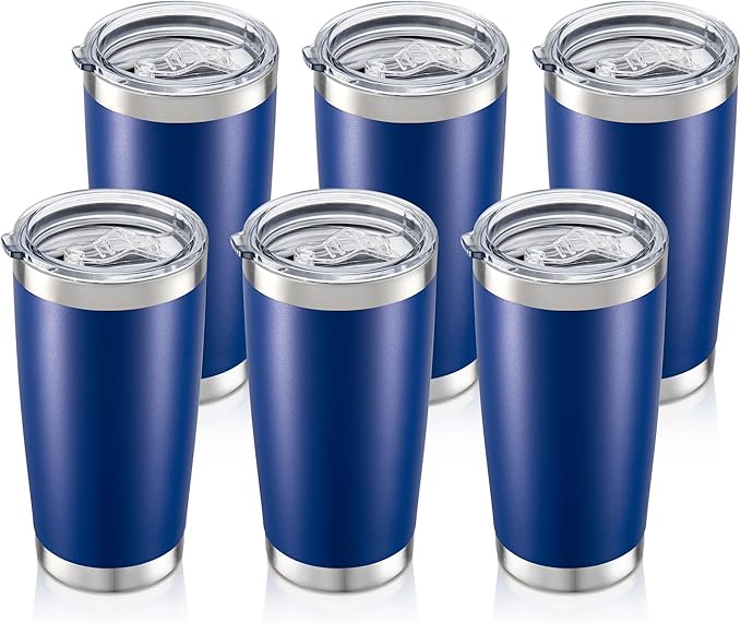 20 oz Tumbler Bulk with Lid Stainless Steel Insulated Tumblers Double Wall Vacuum Coffee Mug Powder Coated Tumbler Cups for Cold and Hot Drinks, Blue, 6 pack