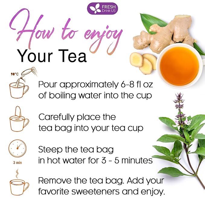 FreshDrinkUS, Premium 35 Ginger Tulsi Tea Bags, 100% Natural, Hand-made Blend of Ginger and Tulsi Holy Basil Leaves, Eco-conscious Tea Bags. Ginger Tulsi Herbal Tea. No Sugar, No Caffeine, Vegan. - Bloomnest