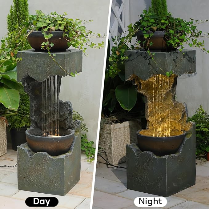37.4''H 2-Tiered Rainfall Bowl Garden Water Fountain with LED Lights and Pebbles, Modern Crackled Stone Feature Waterfall for Porch, Deck, Yard, Patio, and Home Décor - Bloomnest