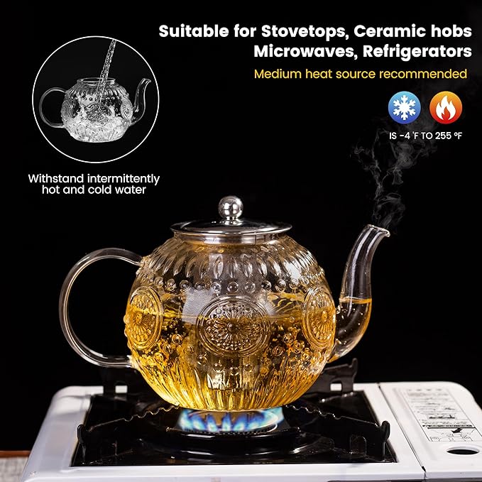 Amzcku 50OZ/1500ml Vintage Glass Teapot with Removable Infuser – Stovetop Safe, Borosilicate Glass Tea Kettle for Blooming & Loose Leaf Tea