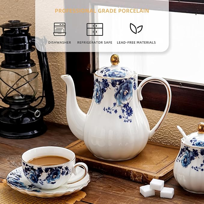 Tea Pot, Porcelain Teapot 37oz,tea pots for tea party,Tea Infuser Pots for Blooming loose Leaf Tea (White with blue flower)