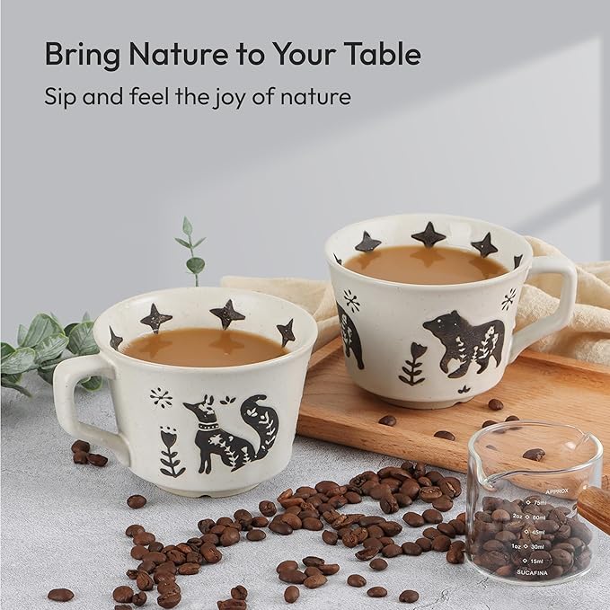 Ceramic Coffee Mug, 12 oz Novelty Unique Teacup with Handle, Stoneware Cup for Tea Mocha Latte Cappuccino Espresso (Set of 4, Fox and Bear)