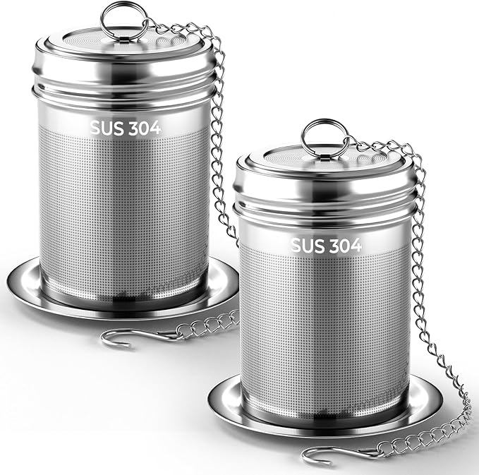 2 Pack Reinmoson Tea Strainers for Loose Tea, 1.58” x 2.2” Extra Fine Mesh Tea Infuser, 304 Stainless Steel & Threaded Lid, Loose Leaf Tea Steeper for Black Tea, Rooibos, etc