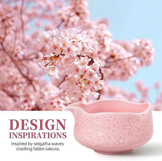 TEANAGOO 7-PCS Pink Matcha Whisk Set with Cherry Blossom Design, Complete Ceremony Kit, Ceramic Chawan Bowl with Spout, Whisk & Accessories, Traditional Matcha Tea Set for Lattes& Gift Giving - Bloomnest