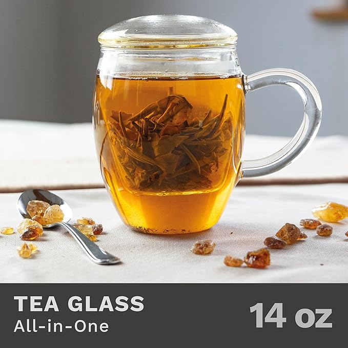 Creano Tea Glass with Infuser and Lid 400ml - Large Tea Cup - Microwave & Dishwasher Safe - Loose Leaf Tea Maker Gift Set - Bloomnest