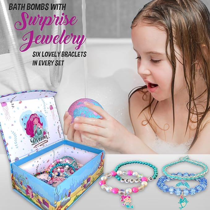 Bath Bombs for Kids with Surprise Inside, Mermaid Bath Bombs for Girls with Jewelry & Jewelry Box for Kids Organic, Skin Moisturizing, Natural Bubble, Stocking Stuffers Christmas Gifts for Boy, Girls - Bloomnest
