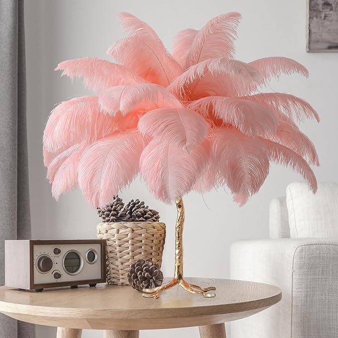 MAYOLA Modern Ostrich Feather Table Lamp with Plug in Wire,3-Light Bedside Floor Lamp for Living Room, Bedroom and Office 24” Tall Feather Desk Lamp (Pink, Table Lamp-Resin) - Bloomnest