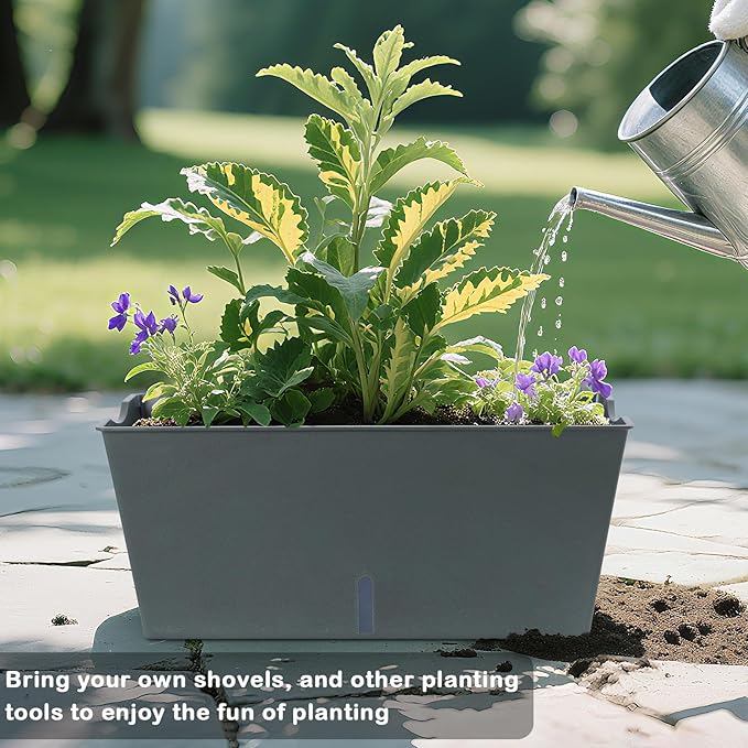 Window Box Planter 6 Pcs, 16.5 Inches Self Watering Rectangle Flower Plant Pots with Drainage Holes Trays, Vegetable Planters for Windowsill Patio Garden Balcony Porch Yard (Dark Green) - Bloomnest