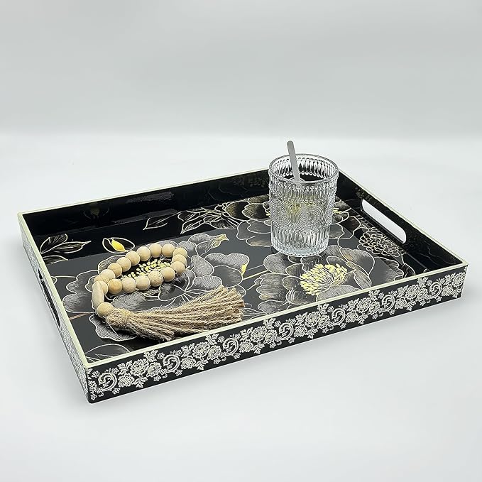 Serving Tray with Handles, 15.7 * 11.8 inches, Plastic Ottoman Tray with Exquisite Paintings, Trays for Coffee Table - Bloomnest