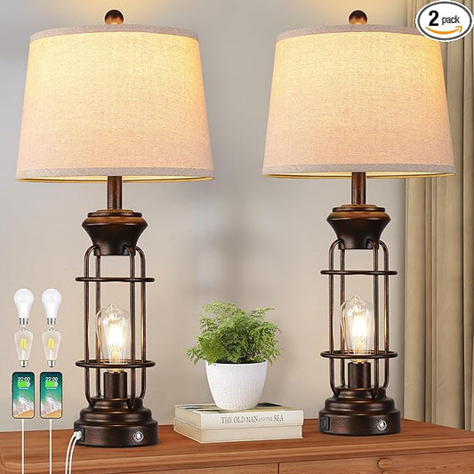 Table Lamps for Living Room Set of 2, 28.5" Farmhouse Lamps for Nightstand with USB C+A Ports, Touch Lamps for Bedroom, LED Bulbs Included - Bloomnest