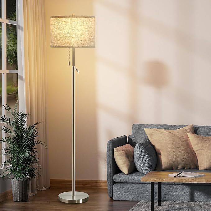 GyroVu Silver Floor Lamp, Height Adjustable Standing Lamp Tall Lamp with Fabric Lampshade&Pull Chain Corner Floor Lamps for Living Room, Bedroom & Office Bulbs Not Included(Silver) - Bloomnest