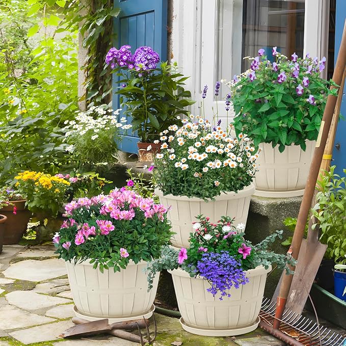 Quarut Plant Planters Pots Set of 4 Pack 16 Inch，Large Plastic Flower Pot for Indoor Plants with Drainage Holes & Trays, Whiskey Barrel Planters with Saucer for House Outdoor Garden Plant（White） - Bloomnest
