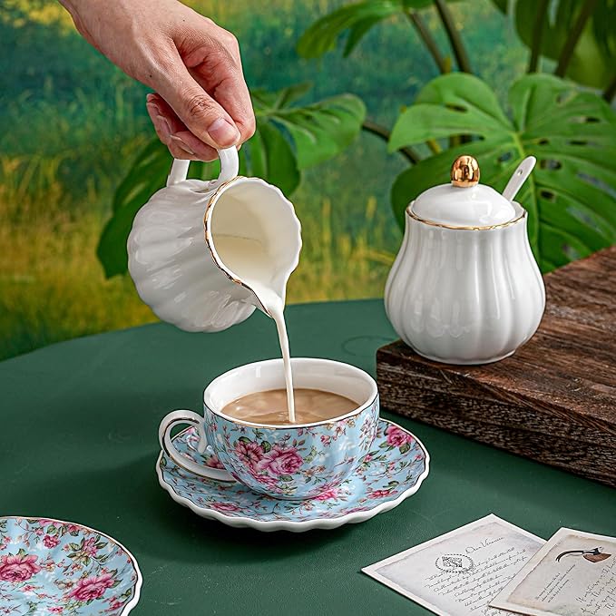 Tea Cup and Saucers, 6.4oz Floral Tea Cups with Gold Trim, Porcelain Teacup, Coffee Cappuccino Espresso Latte Mugs for Party Birthday,Party Cafe Home, Christmas Gift (Blue) - Bloomnest