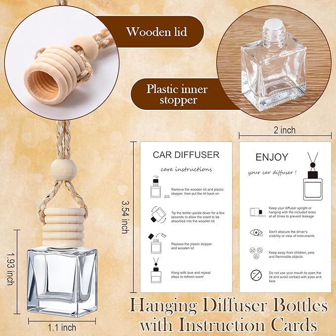 Boao 25 Sets Hanging Car Air Freshener Diffuser Bottles Empty Bulk with Car Diffuser Instruction Cards Organza Bags Glass Refillable Essential Oil Fragrance Aromatherapy Pendant (Flat Square,Clear) - Bloomnest