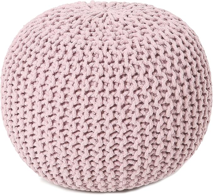 REDEARTH Round Pouf Ottoman - Hand Knitted Boho Poof Home Décor Pouffe Circular Footrest for Living Room - Bedroom - Lounge - 100% Cotton (19.5"x19.5"x14") - Pale Pink - Bloomnest