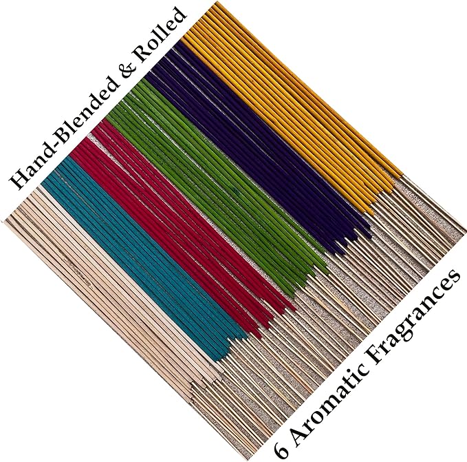 DharmaObjects Premium 180 Incense Sticks - Mix 6 Fragrances, Palo Santo, Sandal Wood, Nag Champa, White Sage, Rose and Patchouli Incense Gift Set Include 6 Holders DharmaObjects