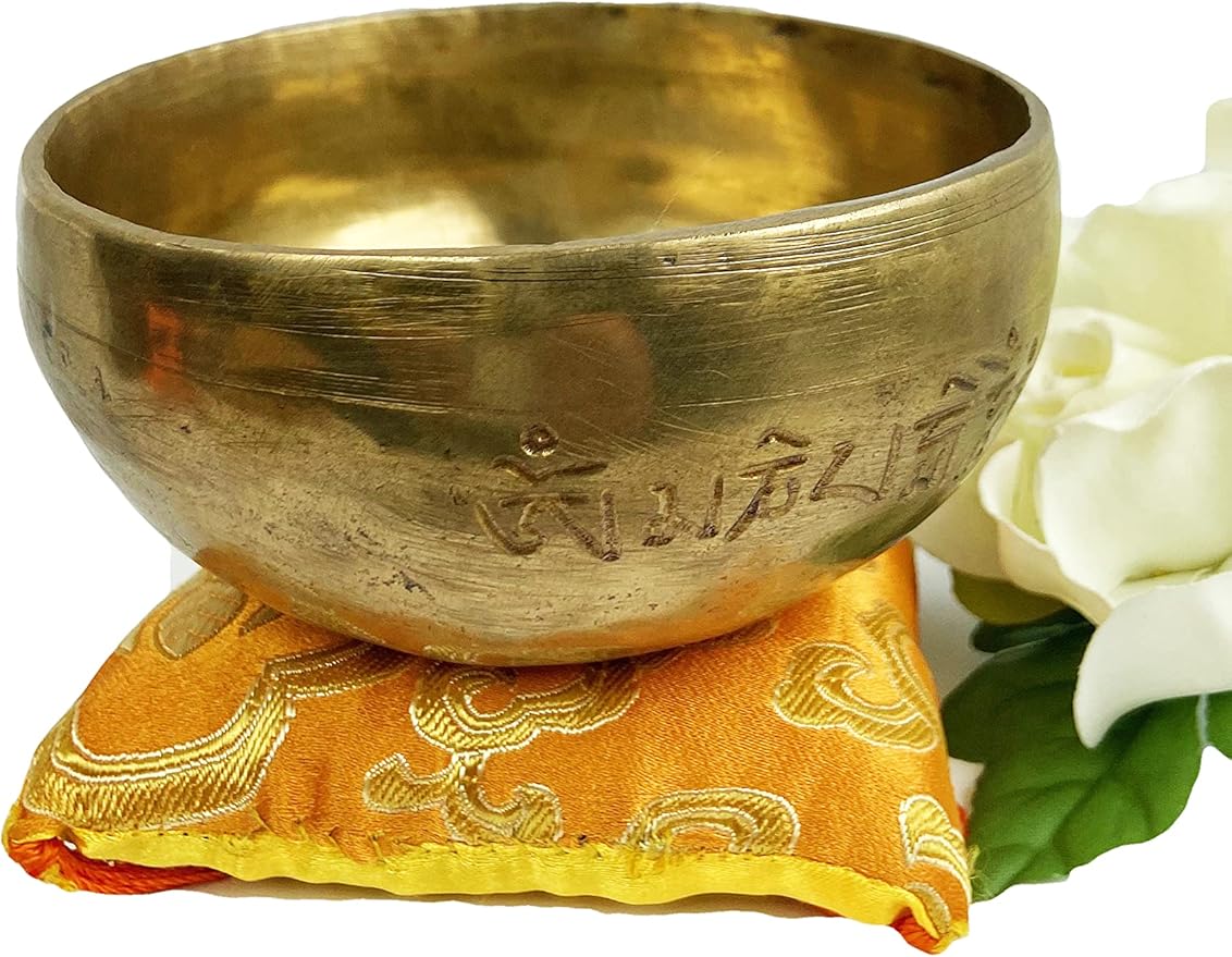422 SB-11 Agan Traders Hand Pounded 'Om Mani Padme Hum' Mantra Healing Singing Bowl Set Nepal (G, 6.25 inch diameter) - Bloomnest