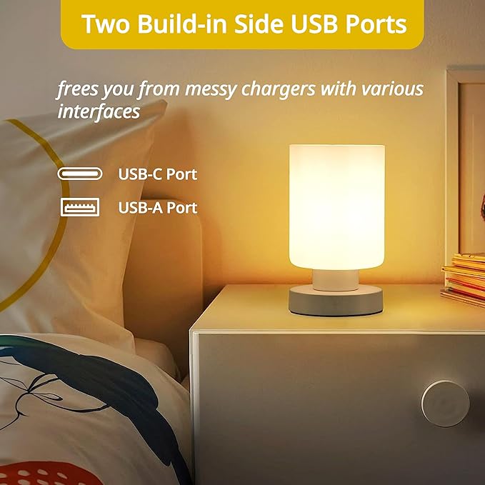 Touch Bedside Lamp, Mini Stepless Dimmable Table Lamps for Bedroom for Night Stands, Small Desk Lamp with Brightness Memory, USB Charging Ports, Warm LED Bulb, White, Cylindrical Shape, 2 Set - Bloomnest