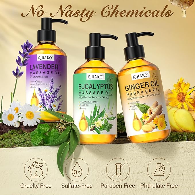 3 Pack Massage Oil for Massage Therapy,Ginger for Lymphatic Drainage, Lavender for Relaxation, Eucalyptus Mint for Muscle Relief | Massage Therapy & Date Night Spa Gift with Massage Ball for Him & Her - Bloomnest