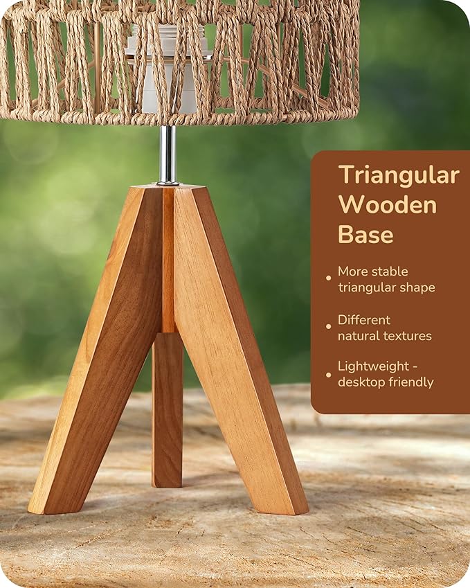 EDISHINE Small Table Lamp, Rattan Wood Tripod Bedside Lamp, Boho Nightstand Lamp for Living Room, End Table, Office, E26 Base, Natural Style - Bloomnest