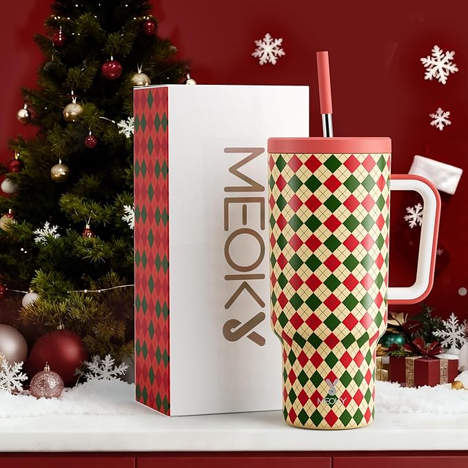 Meoky 40 oz Christmas Tumbler with Handle and Straw, Xmas Tumbler with Lid and Straw, Insulated Stainless Steel Travel Mug, Christmas Gifts for Women Men Adults (Winter Plaid) - Bloomnest