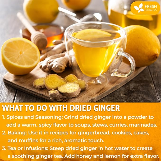 FreshDrinkUS, Premium 10oz Natural Ginger Roots, Cut and Sifted, 100% Natural & Pure from Ginger Roots, Ginger Tea, Ginger Loose Herbal Tea, No Additives, No Caffeine, Vegan - Bloomnest