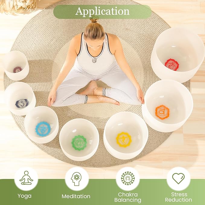 432HZ 6-12 Inch 7 Pcs Chakra Design Frosted Crystal Singing Bowl Set for Meditation Healing Yoga Chakra Quartz Crystal Sound Bowls with Heavy Duty Carry Cases and Rubber Mallet,Suede Striker,O-rings - Bloomnest