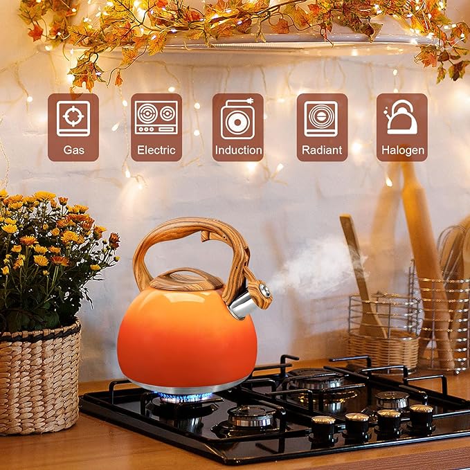 GGC Tea Kettle for Stove Top, 3.1QT/3L Whistling Tea Kettles for Boiling Water, Coffee or Milk, Red Sunset Tea Pot with Wood Pattern Handle, Stainless Steel Tea Pot for Home and Kitchen - Bloomnest