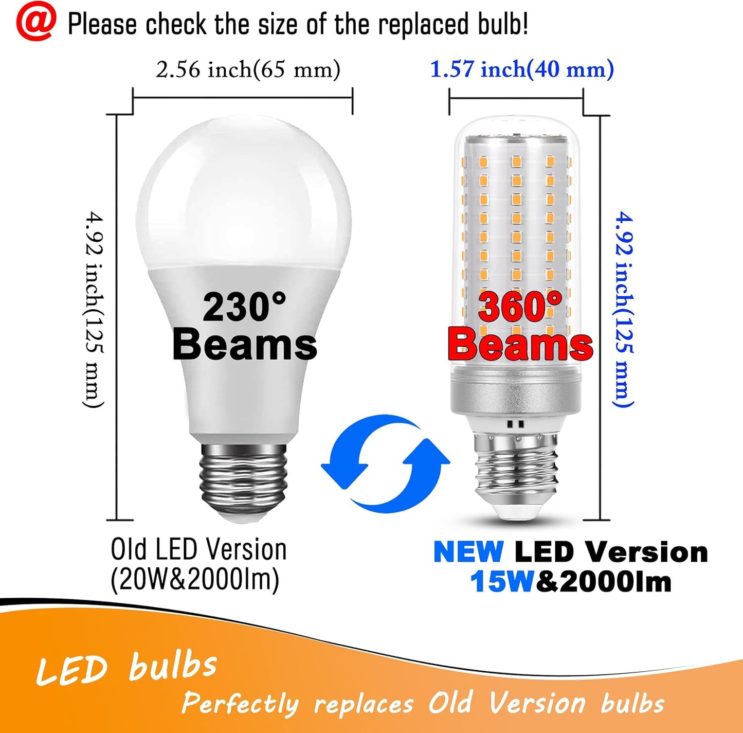 1.57 x 4.92 inch Big E26 15W LED Bulbs 2700K Warm White 2000 Lumen 150 Watt Equivalent Incandescent Bulbs for Outdoor Home attic Corridor Garage Indoor Candelabra Ceiling Fan Bulbs,Non-dimmable,2 Pack