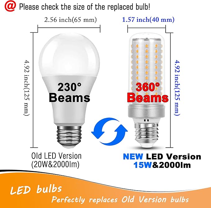 1.57 x 4.92 inch Big E26 15W LED Bulbs 2700K Warm White 2000 Lumen 150 Watt Equivalent Incandescent Bulbs for Outdoor Home attic Corridor Garage Indoor Candelabra Ceiling Fan Bulbs,Non-dimmable,2 Pack - Bloomnest