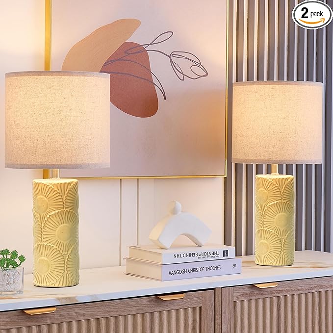 20.75" Ceramic Table Lamps for Living Room Set of 2, Yellow Flower Lamps for Bedroom Set of 2, Ceramic Bedside Lamp for Nightstand, Farmhouse Rustic Table Lamp for Home Decor - Bloomnest