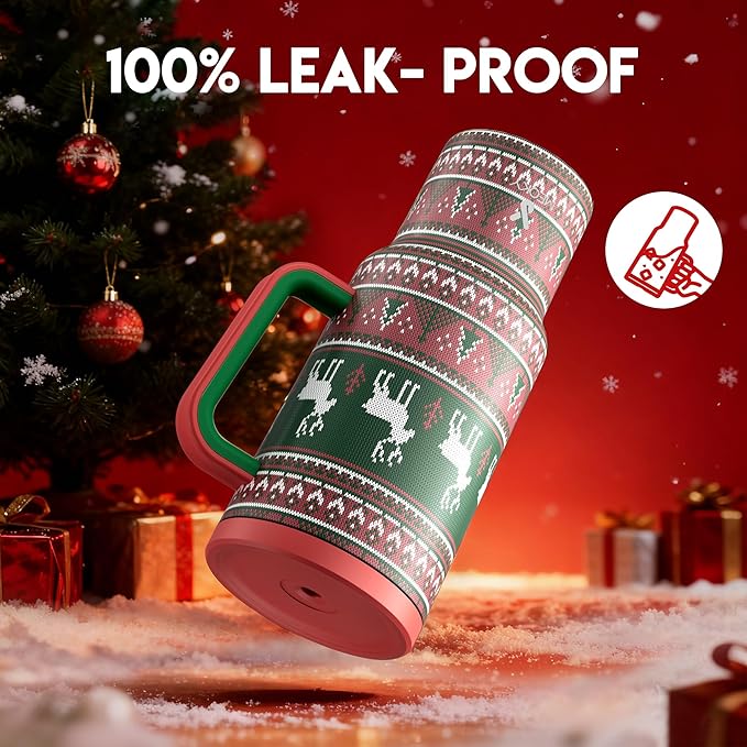 Meoky 40 oz Christmas Tumbler with Handle and Straw, Xmas Tumbler with Lid and Straw, Insulated Stainless Steel Travel Mug, Christmas Gifts for Women Men Adults (Jolly Reindeer) - Bloomnest