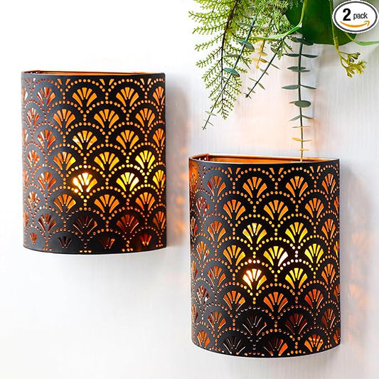 JHY DESIGN Set of 2 Battery Powered Lamp 8''H Vintage Wall Mount Lamp Metal Wall Sconce Lighting with LED Edison Style Bulb and 6-Hours Timer Wall Decor for Bedroom Living Room Hallway(Flabellum) - Bloomnest