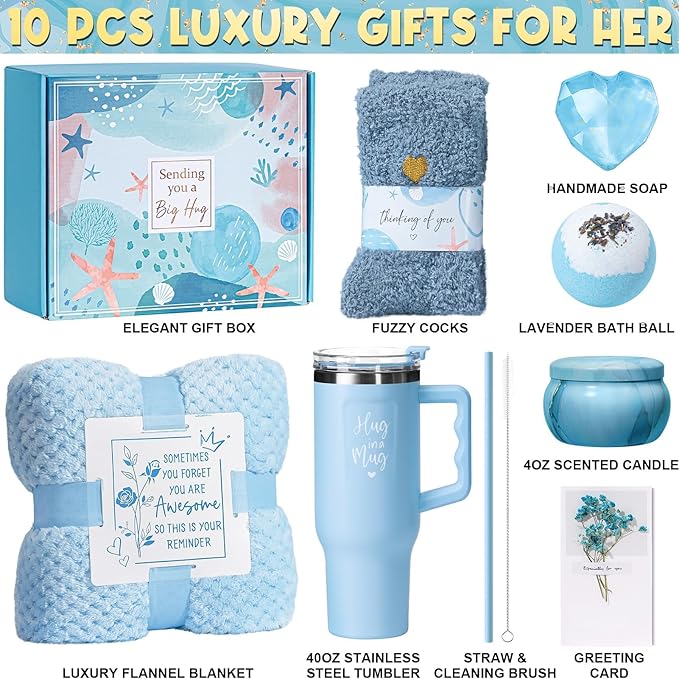 Birthday Gifts for Women Self Care Get Well Soon Gifts, Ocean Relaxing Spa Kit Bath Gift Basket Care Package w/ Flannel Blanket 40 OZ Tumbler, Valentines Day Gift for Her Wife Mom Girlfriend Sister