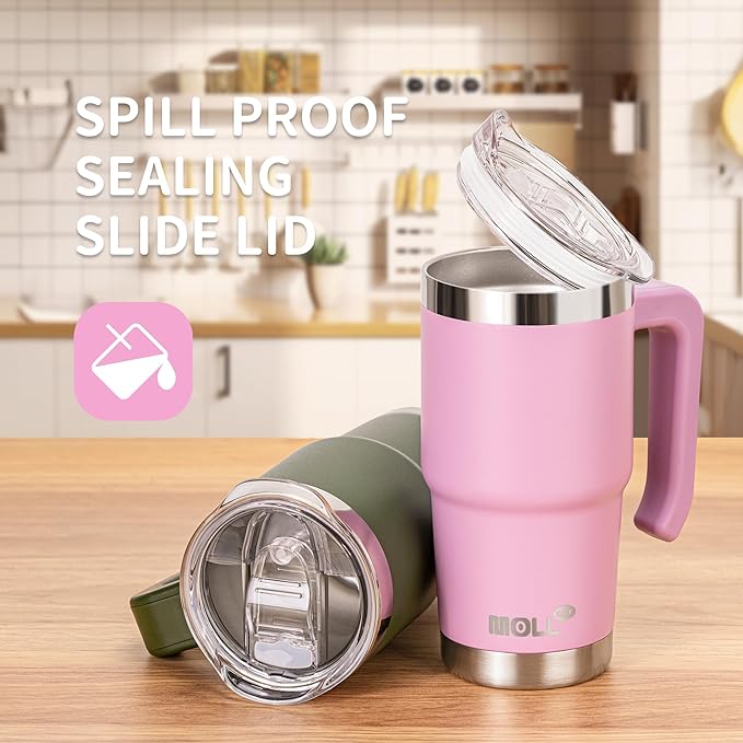 Insulated Tumbler with Handle 16 oz Stainless Steel Double Wall Vacuum Tumbler Cups Travel Coffee Mug with Lid and Straw (Purple Pink) - Bloomnest