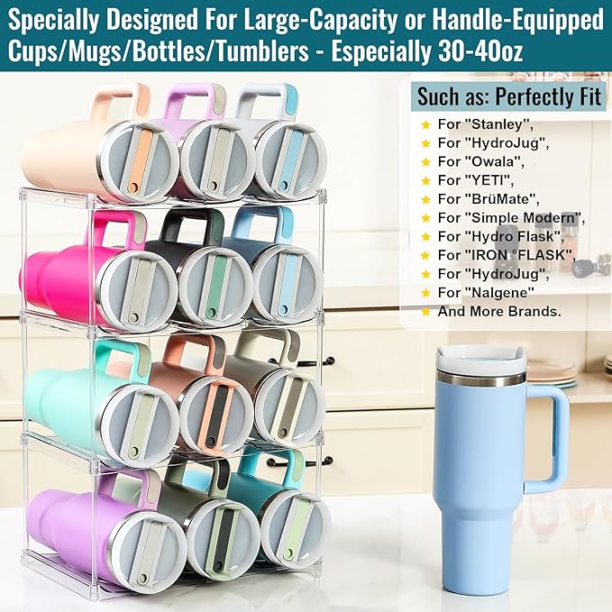 Design for Stanley 40 OZ & Large Bottles & Tumblers with Handle, Acrylic Water Bottle Organizer - Stackable Clear Wine Rack, Cup Holder for Home Kitchen Pantry Shelf Countertop Cabinet, 4 Tier Hold 12 MakeLifeBetterEasier