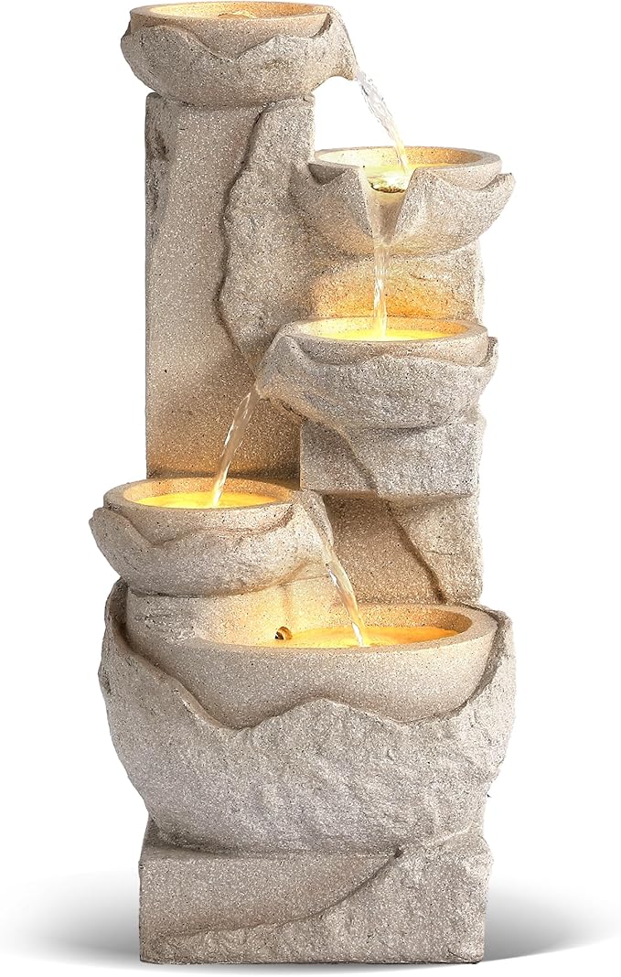 Grepatio Outdoor 5-Tiers Cascading Rock Water Fountain, Waterfall Fountain with 5 LED Lights, Beige Bowl Feature Fountains and Waterfalls for Garden or Patio, Yard, and Deck Decor - Bloomnest