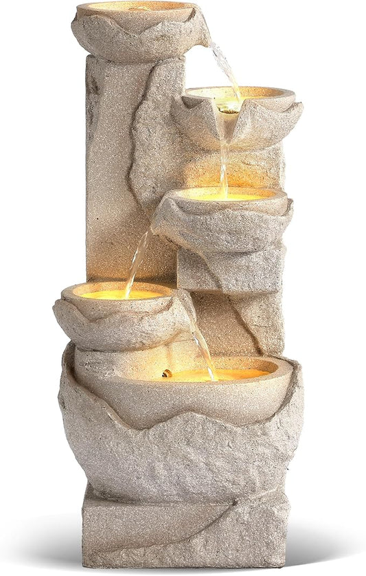 Grepatio Outdoor 5-Tiers Cascading Rock Water Fountain, Waterfall Fountain with 5 LED Lights, Beige Bowl Feature Fountains and Waterfalls for Garden or Patio, Yard, and Deck Decor - Bloomnest