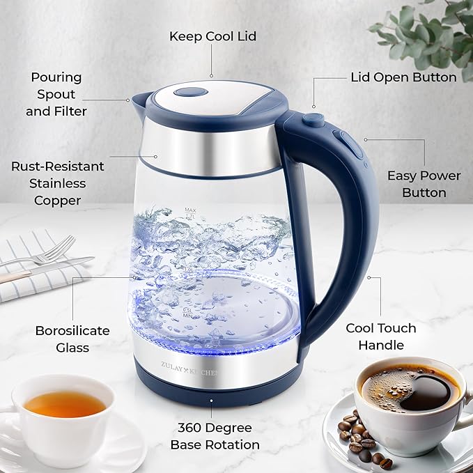 Zulay Kitchen Fast Boiling Electric Water Kettle - 1.7L, 1500W, Auto Shut-Off for Overboil & Boil Dry Protection, Cool-Touch Handle, 360° Base - Rapid Teapot Boiler For Coffee & Tea - Navy - Bloomnest