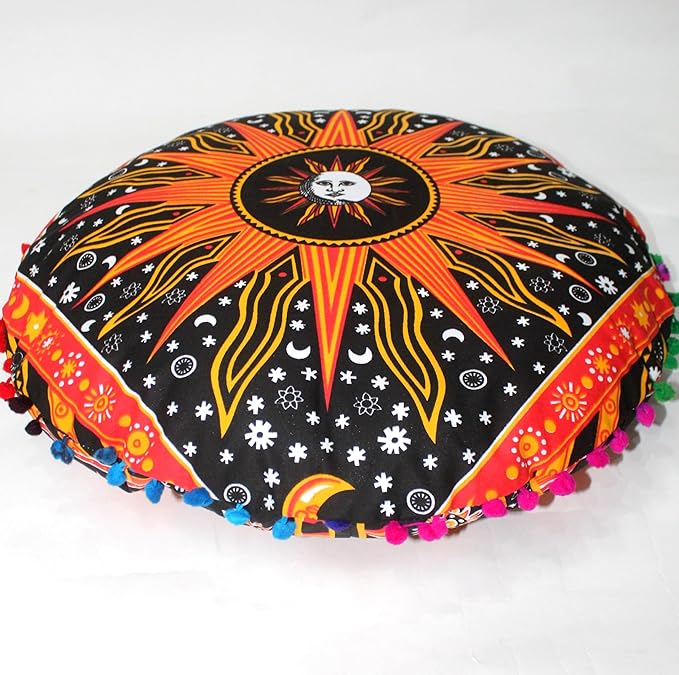 CRAFT KALA Boho Large Floor Pillow Pouf Cover Mandala Meditation Room Pillow Cover for Adults Round Bohemian Seating Pouf Cushion Cover for Kids Playroom 22" Orange Burning Sun - Bloomnest