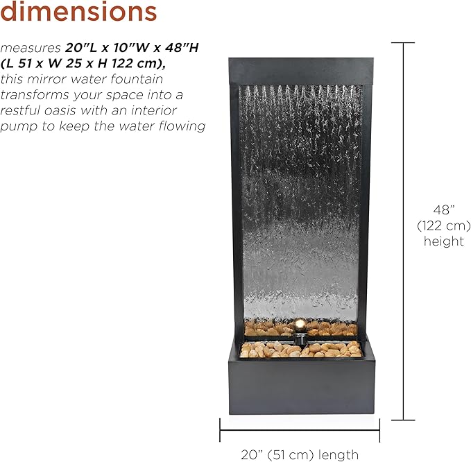 Alpine Corporation - Mirror Waterfall Fountain with Stones & Lights - Zen Indoor/Outdoor Decor for Office, Living Room, Patio, Entryway - 48 Inches (Silver) - Bloomnest