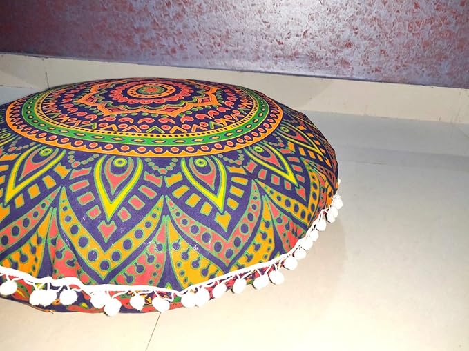 ICC New Blue Ombre 24" Mandala Barmeri Large Floor Pillow Cover Cushion Meditation Seating Ottoman Throw Cover Hippie Decorative Zipped Bohemian Pouf Ottoman Pom Pom Cases 24" Round - Bloomnest