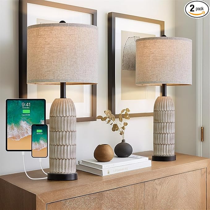 OYEARS 26.5" Table Lamps Set of 2 - Bedside Lamp with USB A+C Charging Ports,Rustic,Perfect for Nightstands and Bedrooms,Black - Bloomnest