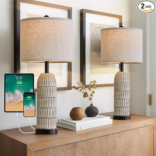 OYEARS 26.5" Table Lamps Set of 2 - Bedside Lamp with USB A+C Charging Ports,Rustic,Perfect for Nightstands and Bedrooms,Black - Bloomnest